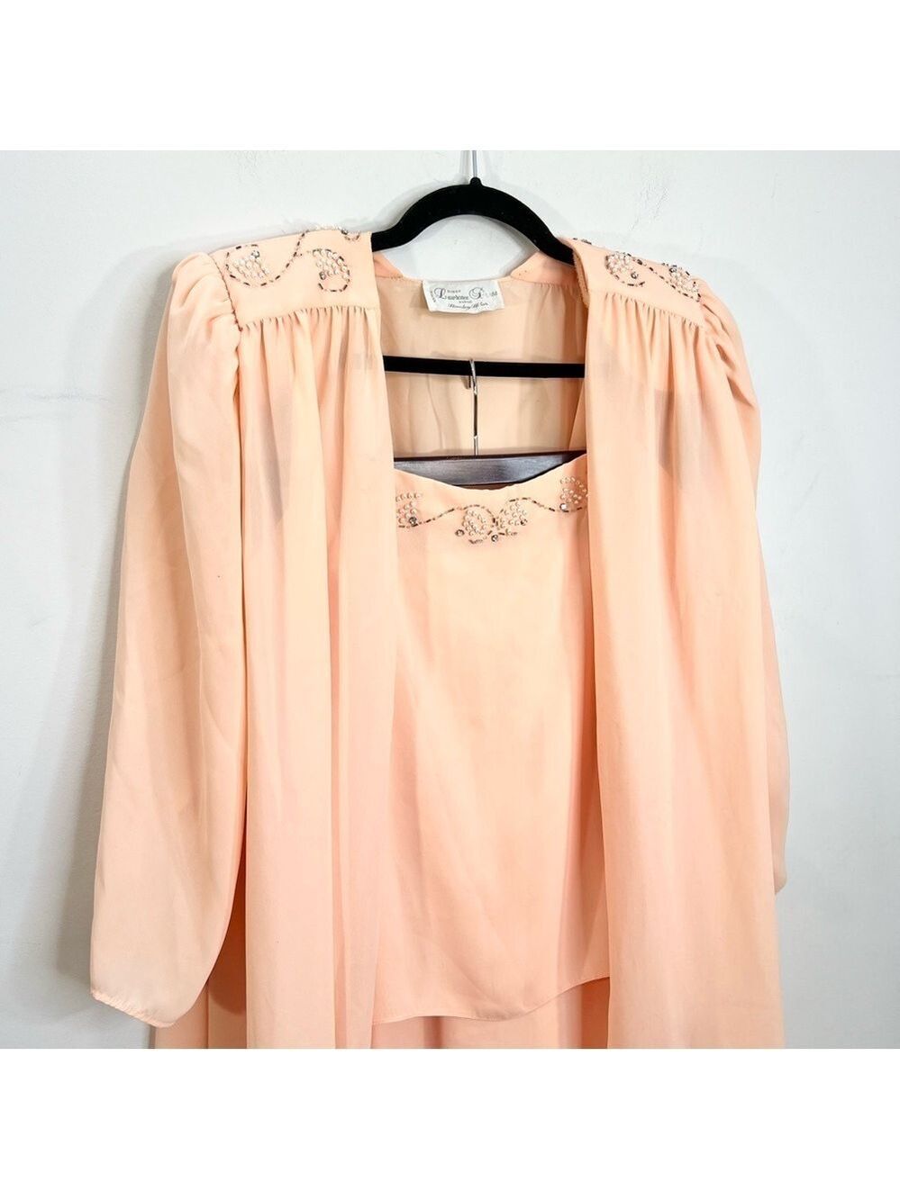 Vintage 80s union made beaded peach chiffon open jacket cami skirt set suit 16 - Picture 7 of 17